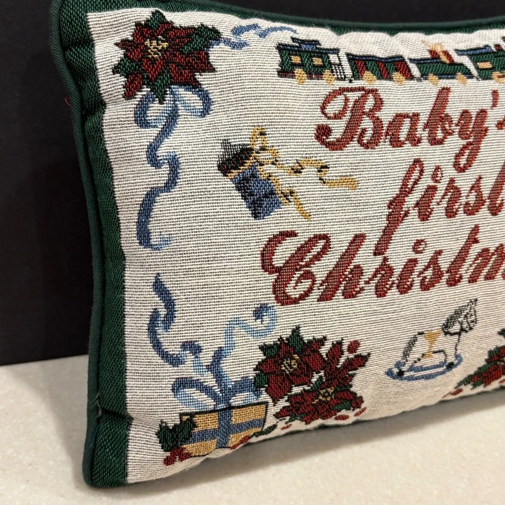 Vintage Arlee Home Fashions Baby's First‎ Christmas Tapestry Pillow ~9x12 USA